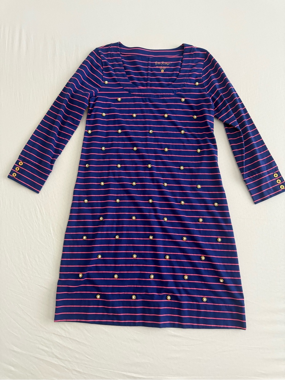 Lilly Pulitzer Navy Dress with Pink Stripes and Gold Buttons